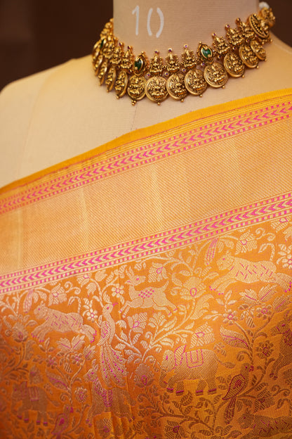 Pure Handloom Silk Katan Banaras Saree-Mustard Yellow|Silk Mark Certified