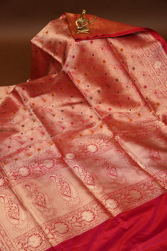 Pure Handloom Silk Katan Banaras Saree-Red|Silk Mark Certified