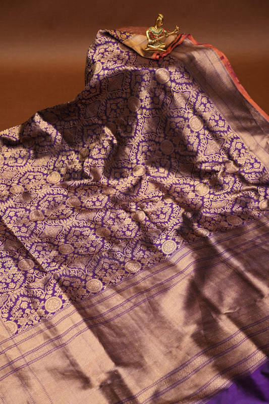 Pure Handloom Silk Katan Banaras Saree-Royal Purple|Silk Mark Certified