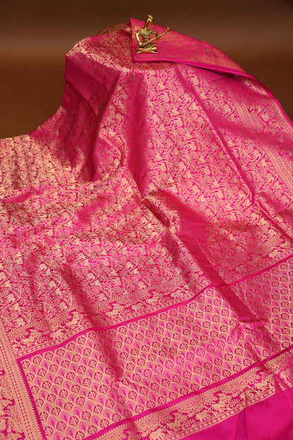 Pure Handloom Silk Katan Banaras Saree-Hot Pink|Silk Mark Certified