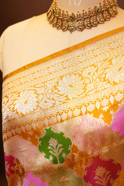 Rangkat Pure Silk Katan Banaras Saree-Yellow|Silk Mark Certified