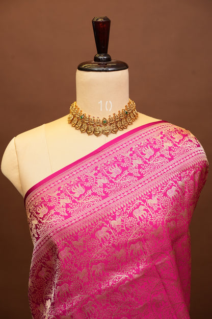 Pure Handloom Silk Katan Banaras Saree-Hot Pink|Silk Mark Certified