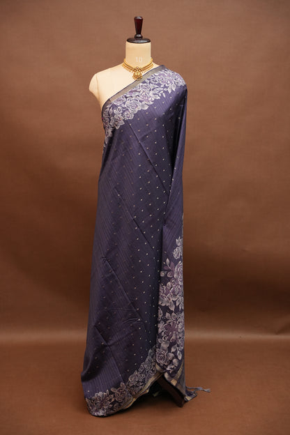Semi Raw Silk Floral Print Saree – Midnight Blue