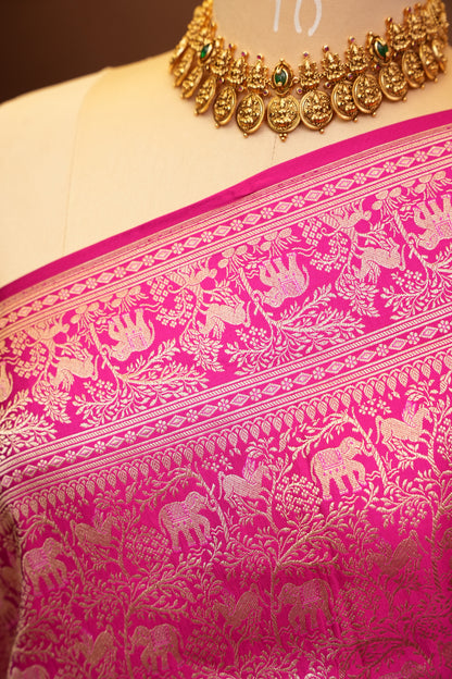 Pure Handloom Silk Katan Banaras Saree-Hot Pink|Silk Mark Certified