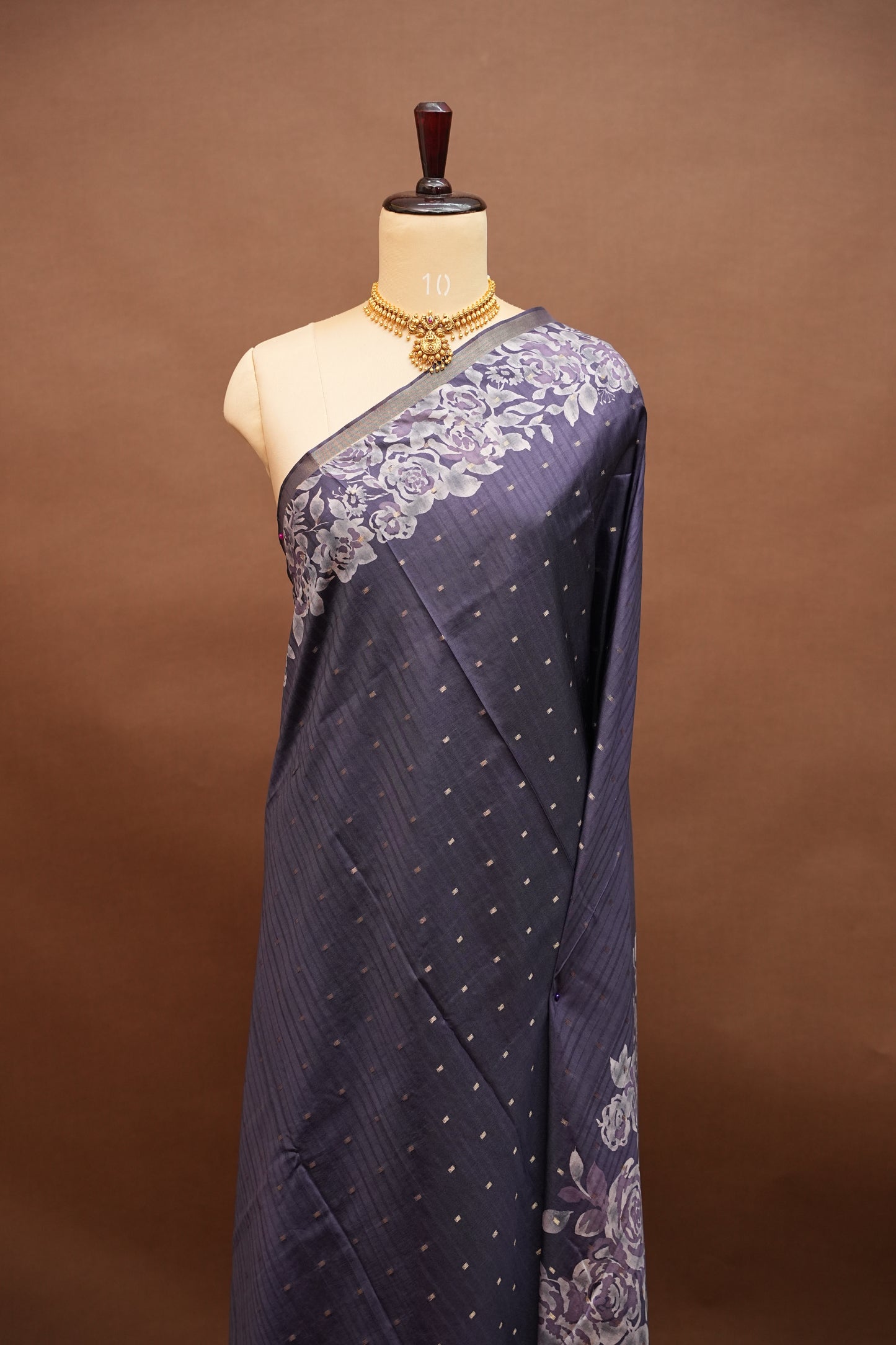 Semi Raw Silk Floral Print Saree – Midnight Blue