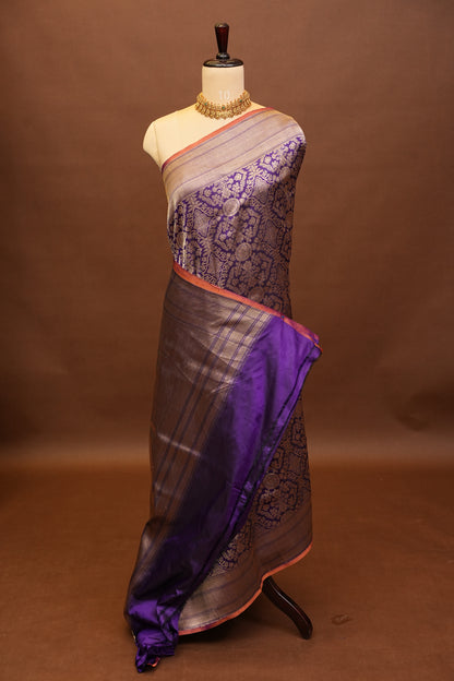 Pure Handloom Silk Katan Banaras Saree-Royal Purple|Silk Mark Certified