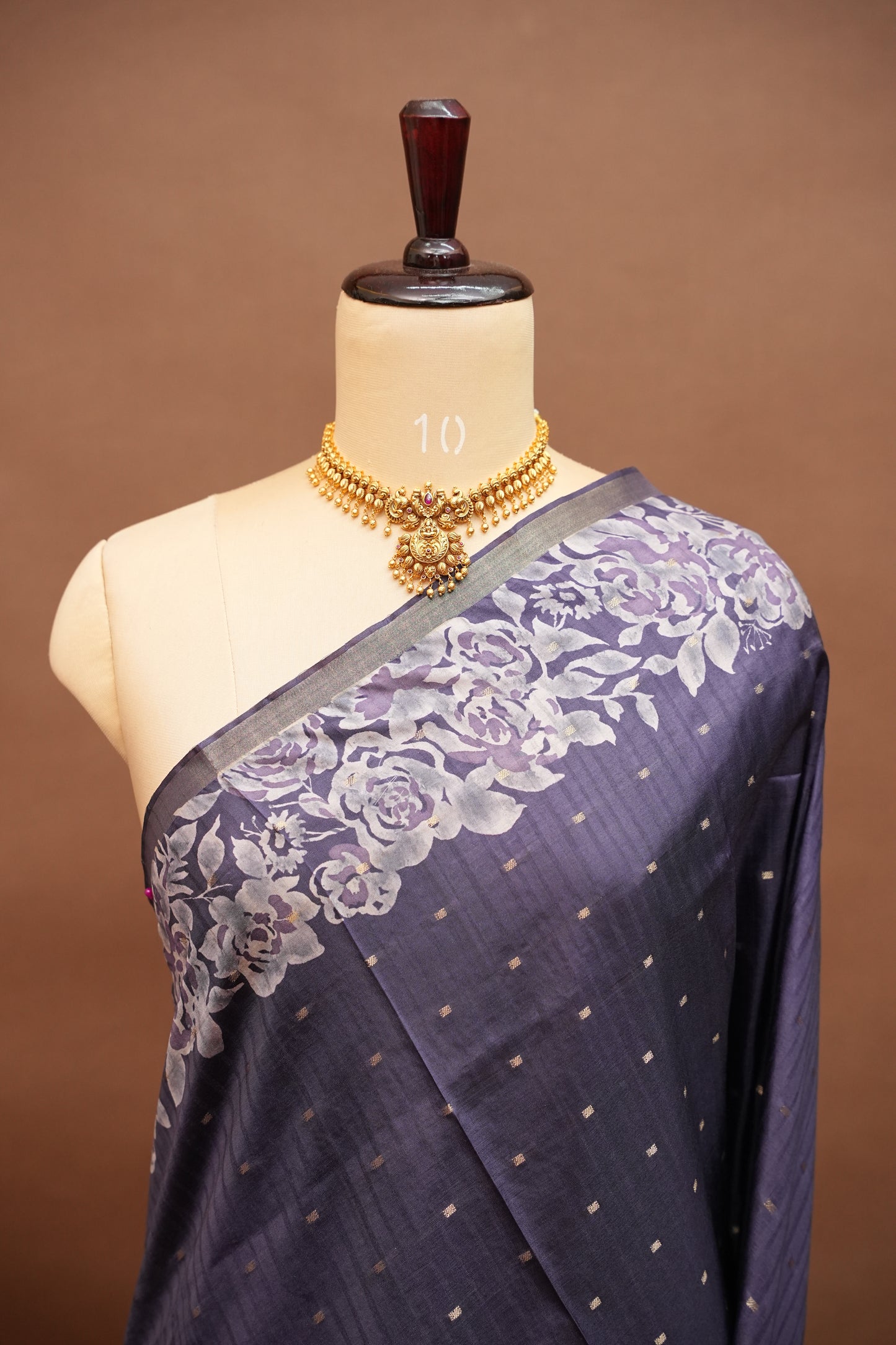Semi Raw Silk Floral Print Saree – Midnight Blue