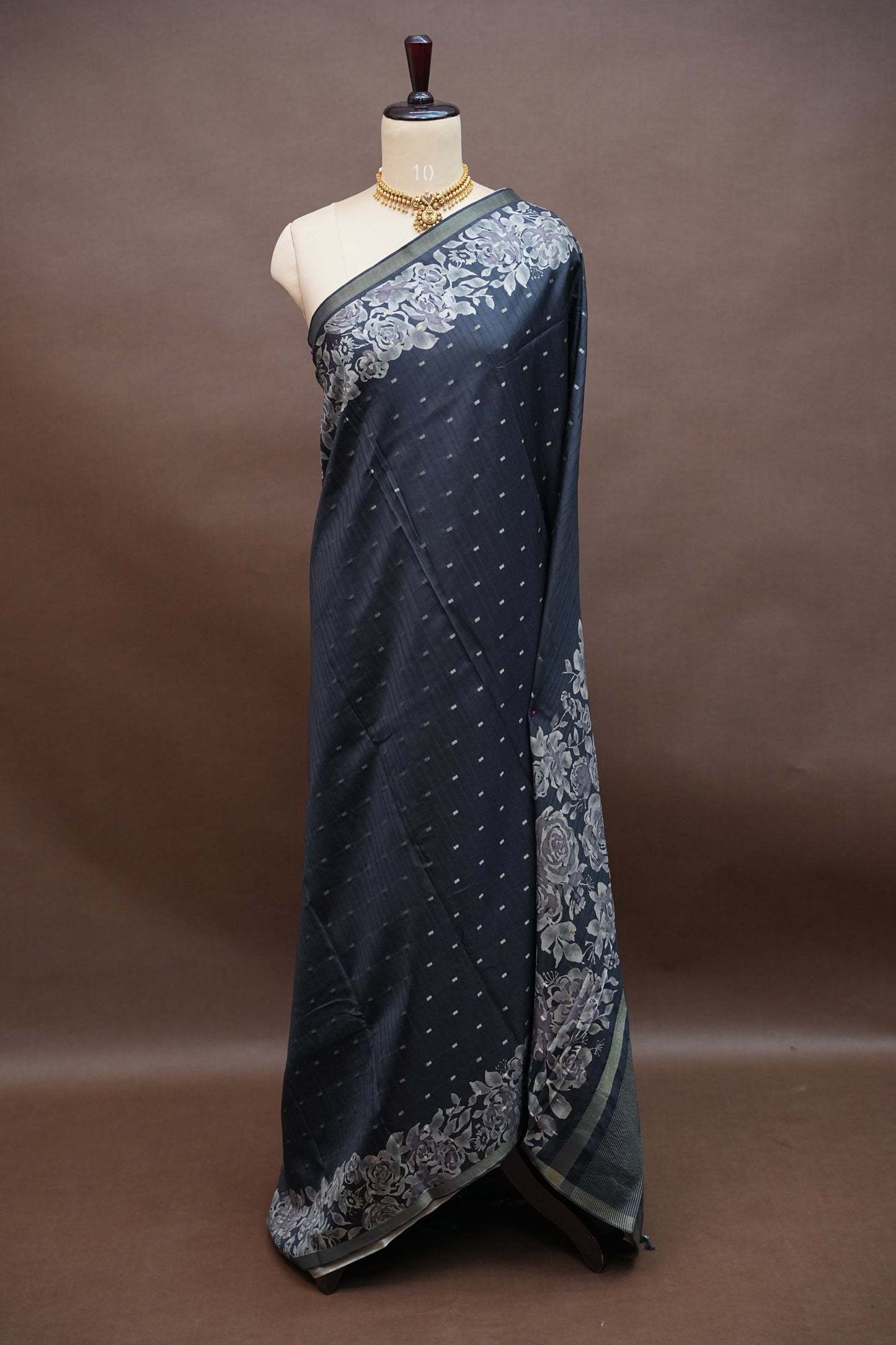 Semi Raw Silk Floral Print Saree – Grayish black