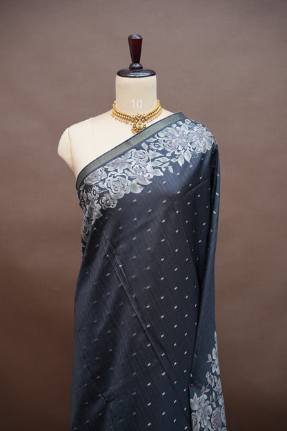 Semi Raw Silk Floral Print Saree – Grayish black