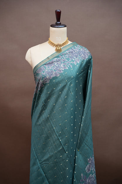 Semi Raw Silk Floral Print Saree – Rama Blue