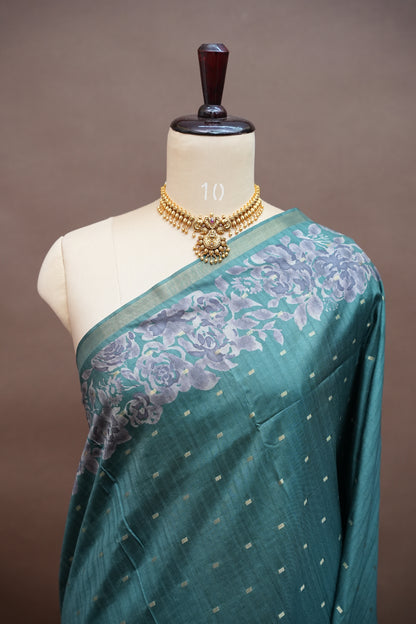 Semi Raw Silk Floral Print Saree – Rama Blue