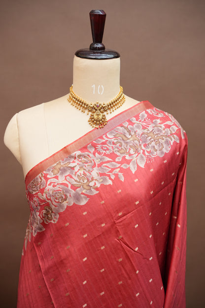 Semi Raw Silk Floral Print Saree – Vermillion Orange