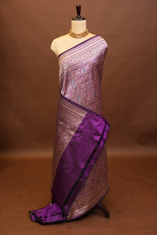 Pure Handloom Silk Katan Banaras Saree-Deep Purple|Silk Mark Certified