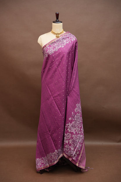 Semi Raw Silk Floral Print Saree – Orchid Purple