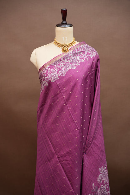 Semi Raw Silk Floral Print Saree – Orchid Purple