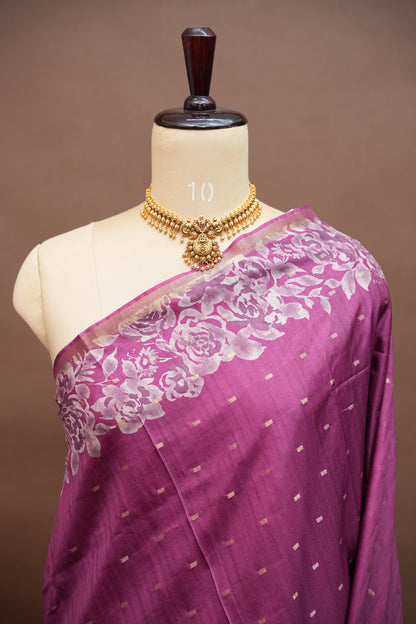 Semi Raw Silk Floral Print Saree – Orchid Purple