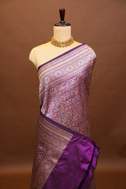 Pure Handloom Silk Katan Banaras Saree-Deep Purple|Silk Mark Certified