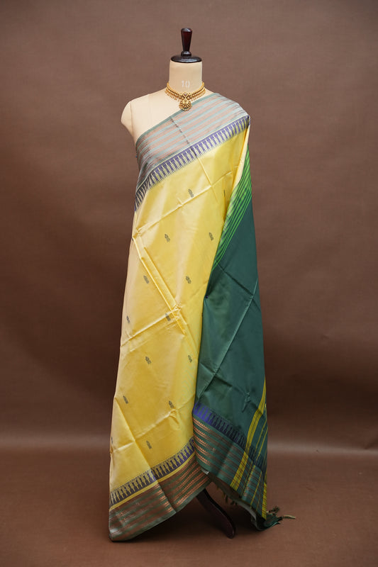Vegan Saree – Lemon Yellow & Bottle Green with Woven Zari Stripes