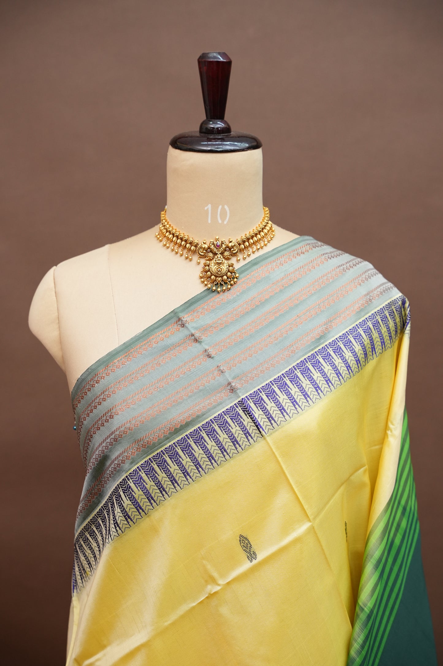 Vegan Saree – Lemon Yellow & Bottle Green with Woven Zari Stripes