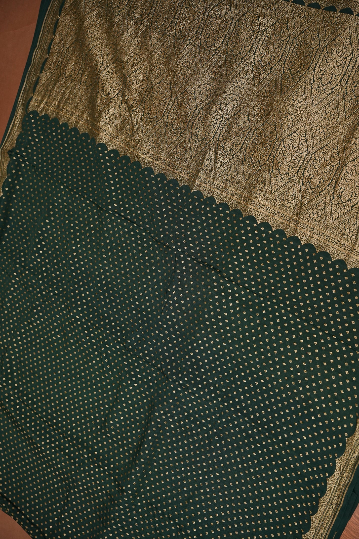 Emerald Green Pure Khaddi Georgette Crepe Banarasi Silk Saree