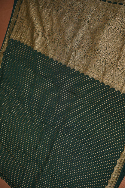 Emerald Green Pure Khaddi Georgette Crepe Banarasi Silk Saree