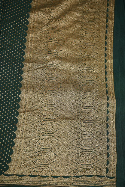 Emerald Green Pure Khaddi Georgette Crepe Banarasi Silk Saree