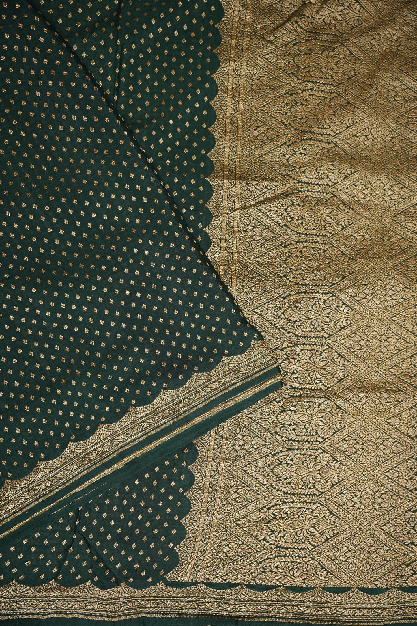 Emerald Green Pure Khaddi Georgette Crepe Banarasi Silk Saree