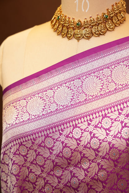 Pure Handloom Silk Katan Banaras Saree-Magenta|Silk Mark Certified