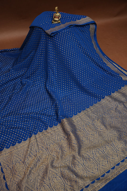 Royal Blue Pure Khaddi Georgette Crepe Banarasi Silk Saree
