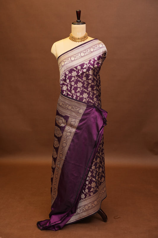 Pure Handloom Silk Katan Banaras Saree-Wine|Silk Mark Certified