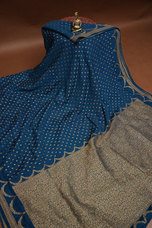 Sapphire Blue Pure Khaddi Georgette Crepe Banarasi Silk Saree