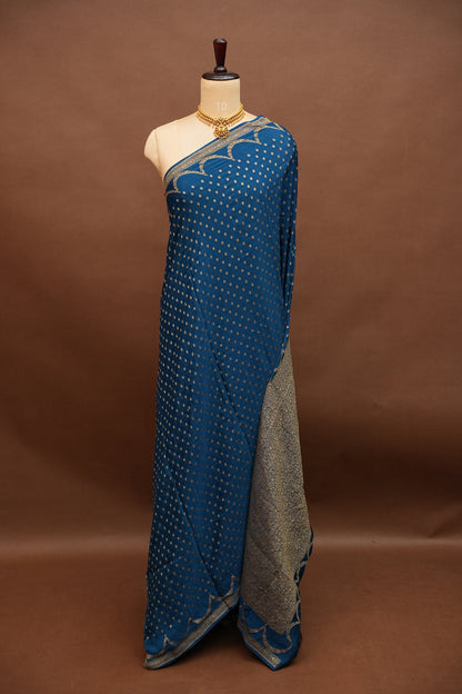 Sapphire Blue Pure Khaddi Georgette Crepe Banarasi Silk Saree