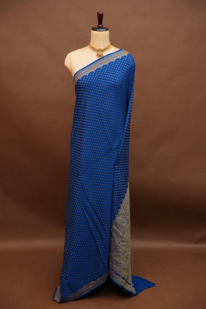 Royal Blue Pure Khaddi Georgette Crepe Banarasi Silk Saree