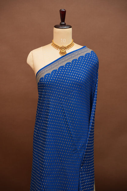 Royal Blue Pure Khaddi Georgette Crepe Banarasi Silk Saree