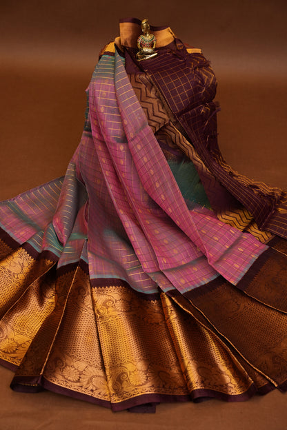Pure Kuppadam Saree - Steel Blue & Pink