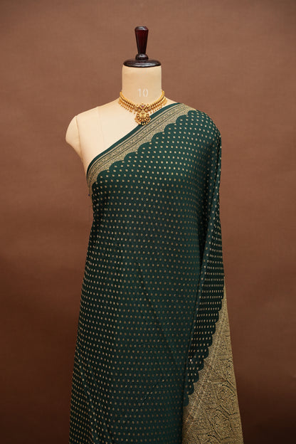 Emerald Green Pure Khaddi Georgette Crepe Banarasi Silk Saree