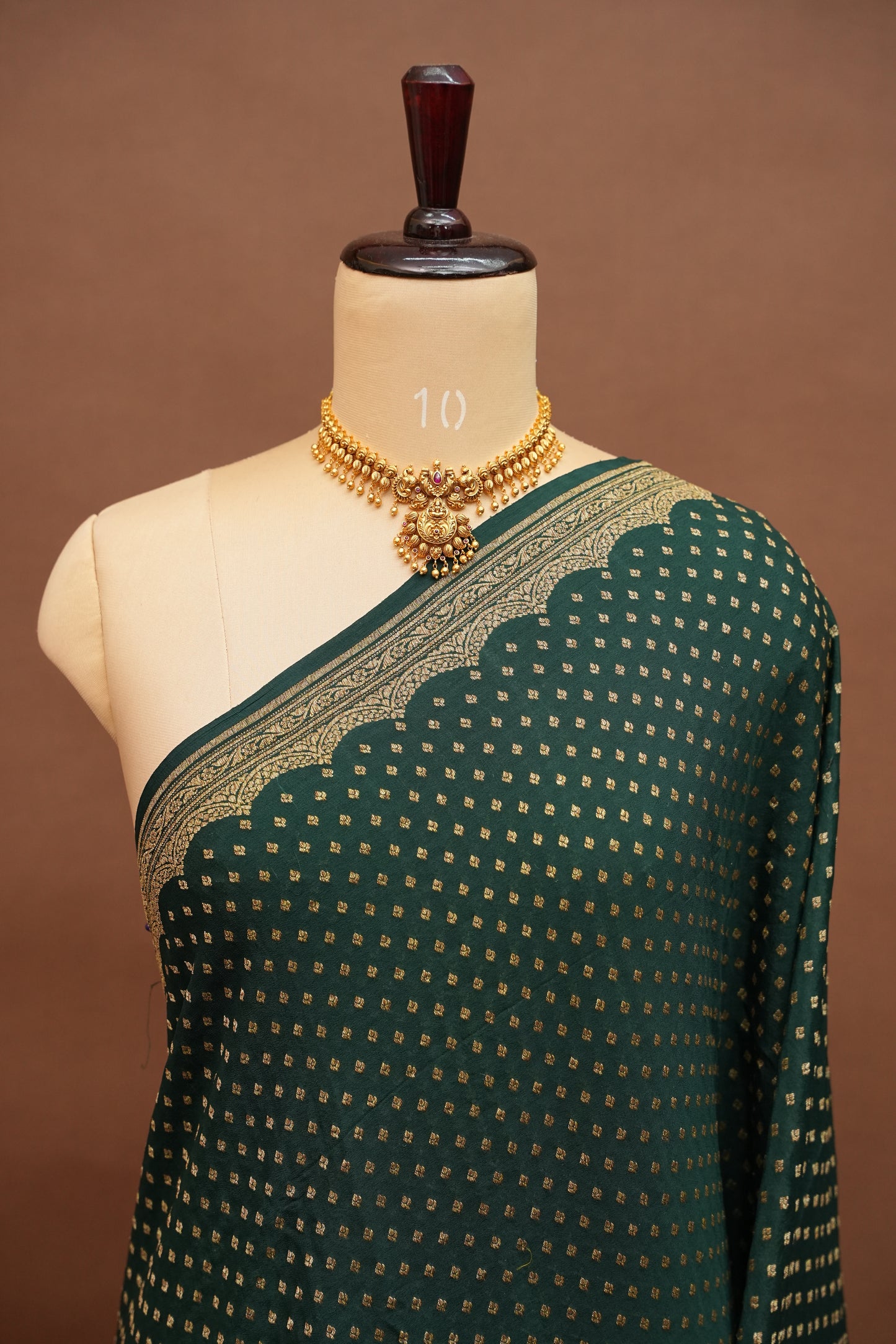 Emerald Green Pure Khaddi Georgette Crepe Banarasi Silk Saree