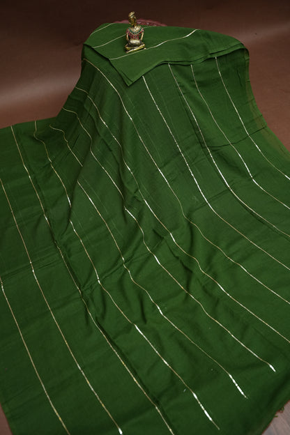 Mulmul Cotton Saree with Tassels - Bottle Green