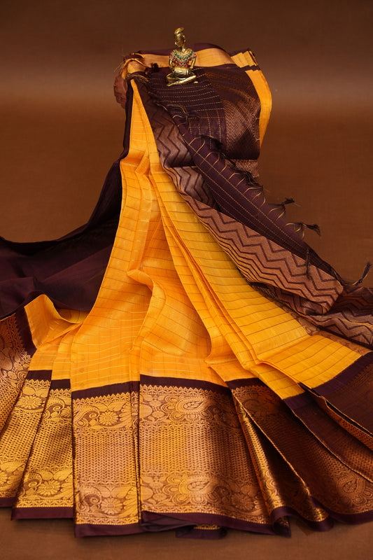 Pure Kuppadam Saree - Gold Beige with Coffee
