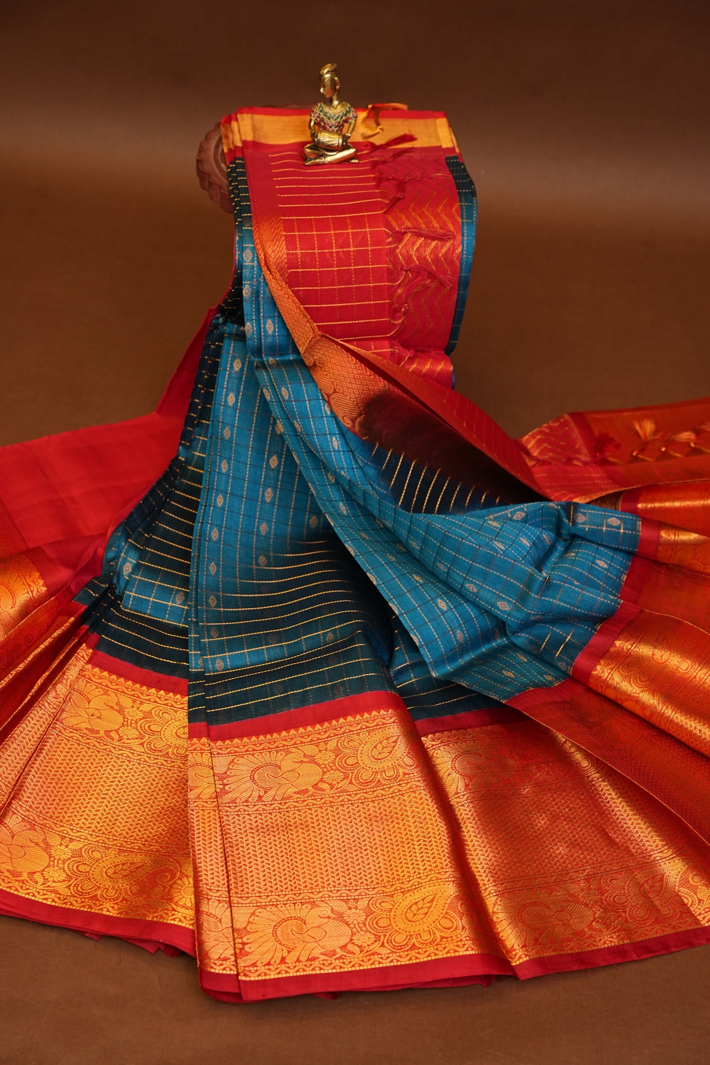 Pure Kuppadam Saree - Teal Blue & Red