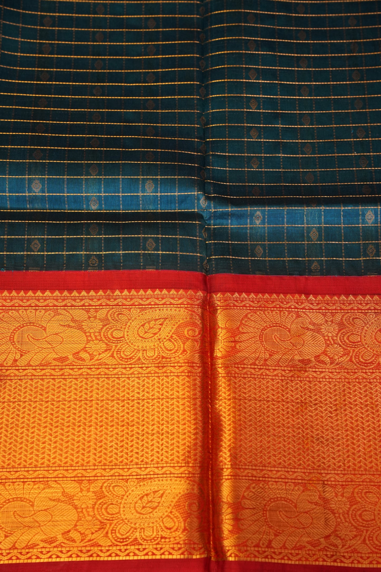 Pure Kuppadam Saree - Teal Blue & Red