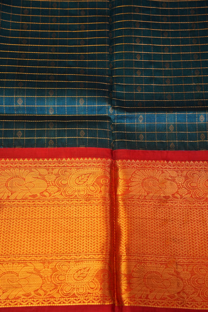 Pure Kuppadam Saree - Teal Blue & Red