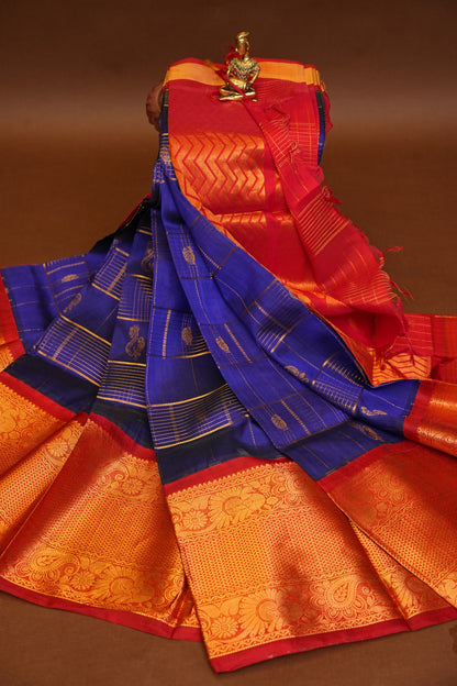 Pure Kuppadam Saree - Royal Blue and Red