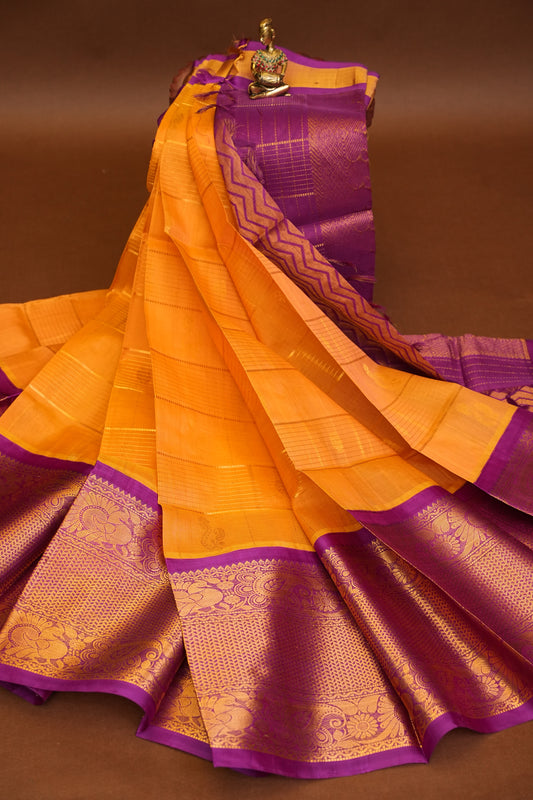 Pure Kuppadam Saree - Light Orange with Purple