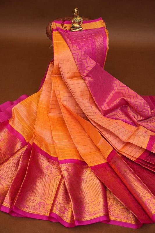 Pure Kuppadam Saree - Light Orange with Pink