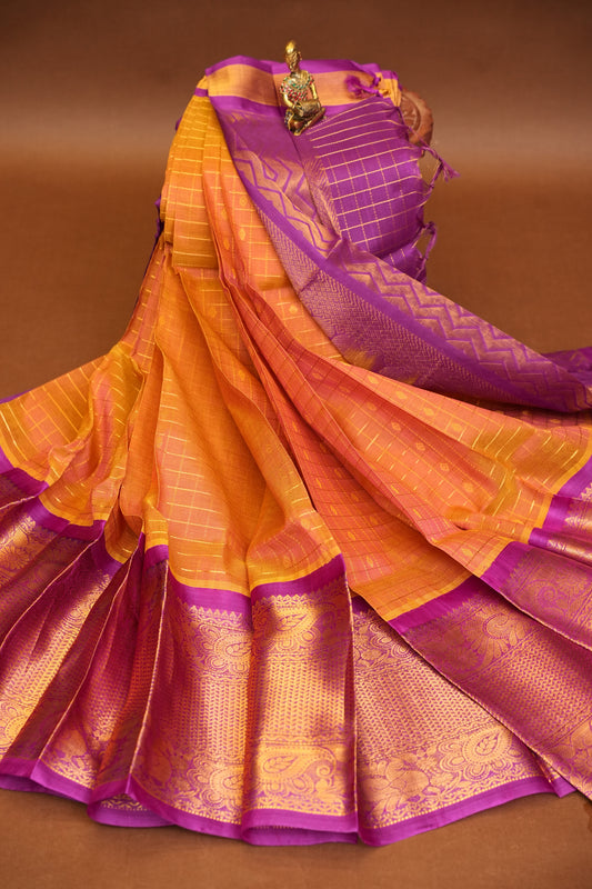 Pure Kuppadam Saree - Light Orange & Pink