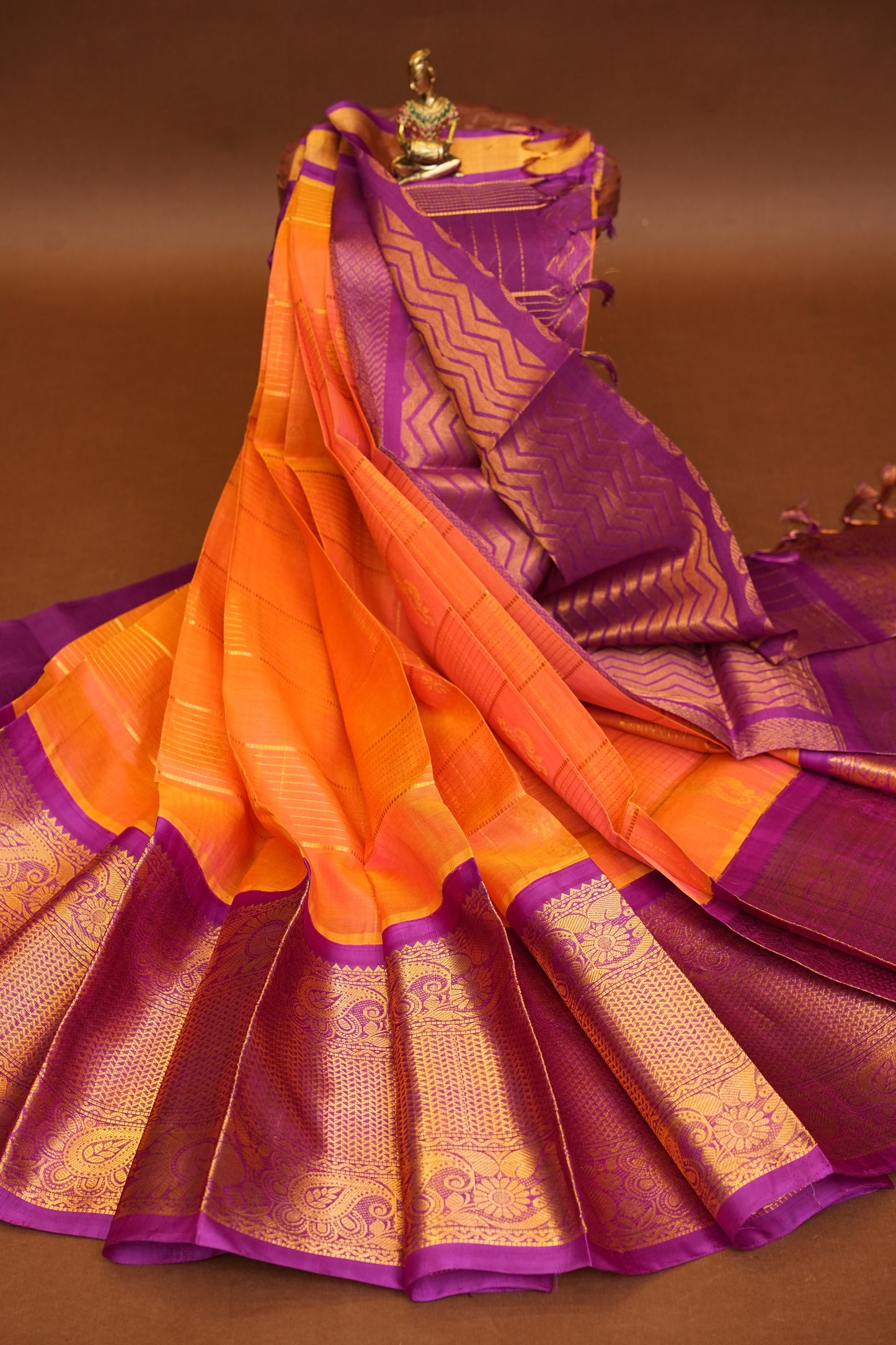 Pure Kuppadam Saree - Light Orange with Purple