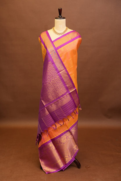 Pure Kuppadam Saree - Light Orange with Purple