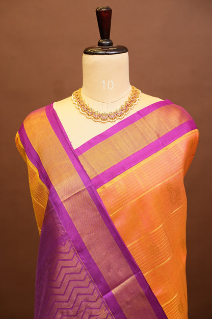 Pure Kuppadam Saree - Light Orange with Purple