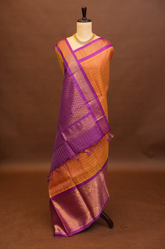 Pure Kuppadam Saree - Light Orange & Pink